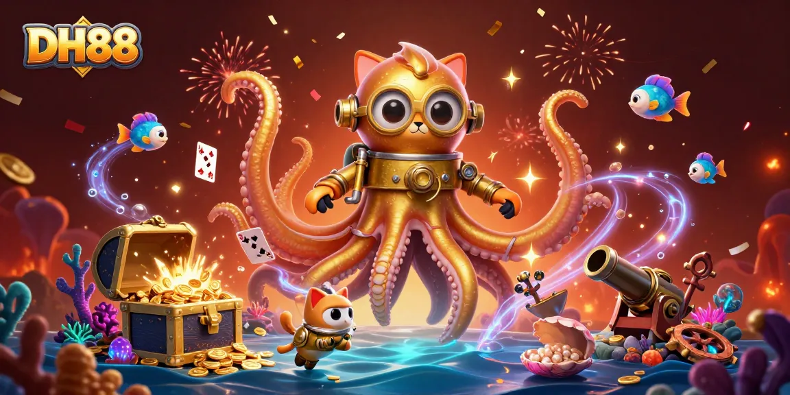 Players celebrate victories at DH88 with golden kraken, diving cat, and vibrant casino games.