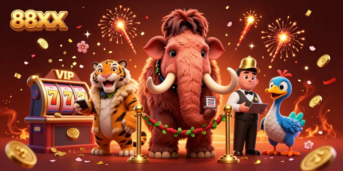 Experience the vibrant energy of 88XX casino with a dynamic scene featuring unique characters and festive elements.