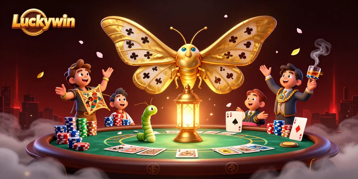 Experience the thrill of Luckywin as the majestic moth graces a lively poker scene.