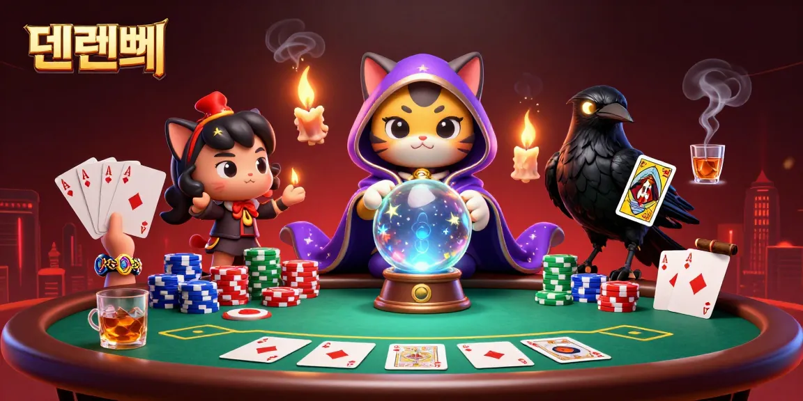 Engage with 텐텐벳 in a vibrant 3D casino scene full of poker excitement and mystical elements.