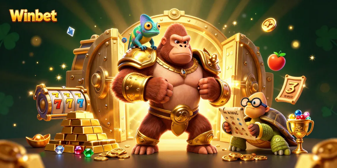 Winbet showcases an exciting 3D cartoon illustration of animated characters amidst a vibrant casino themed scene filled with treasures.
