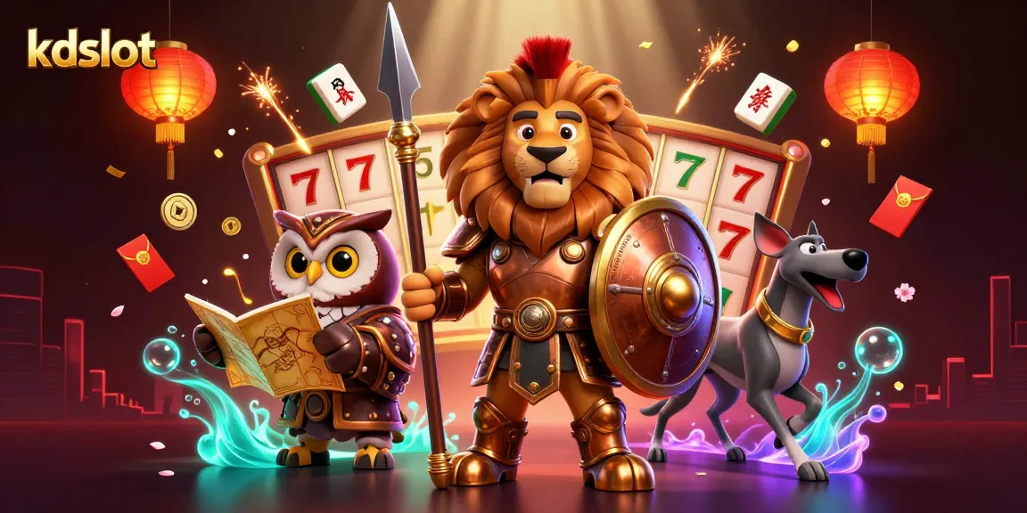 Spin and win with kdslot's thrilling 3D illustration of a Spartan lion and gaming elements.