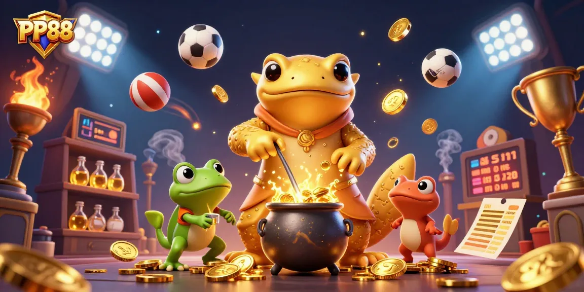 Experience PP88's vibrant gaming world with a stunning 3D illustration showcasing sports and golden elements.