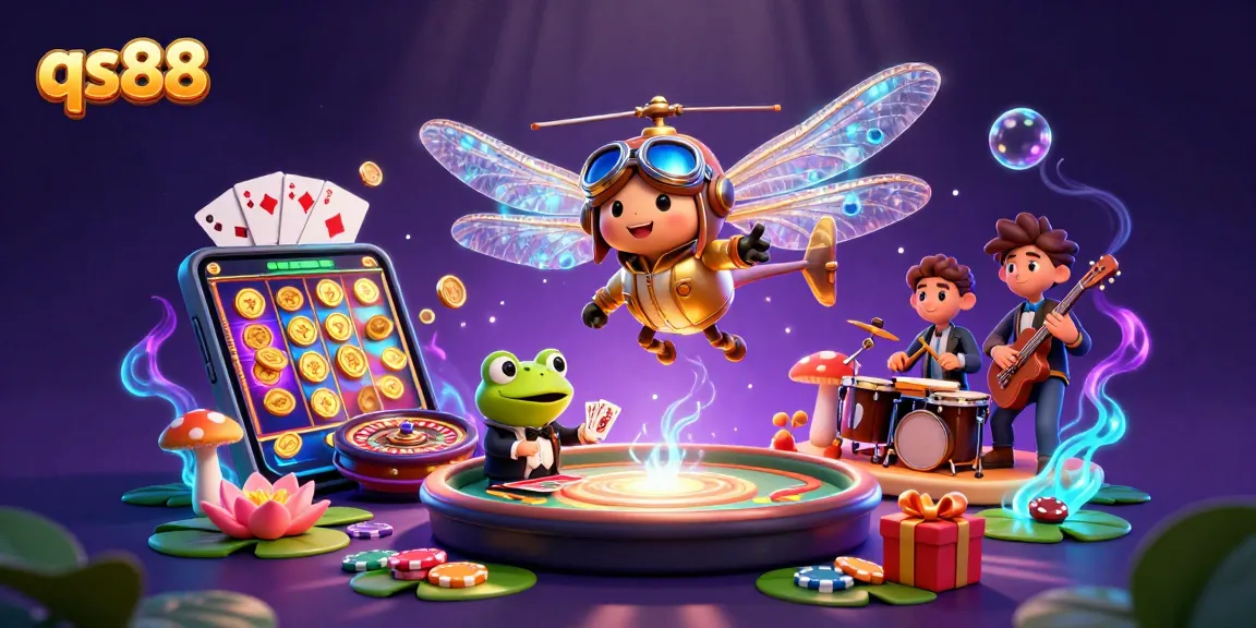 qs88 casino scene with colorful slot games, a dragonfly pilot, and a frog dealer engaging players.