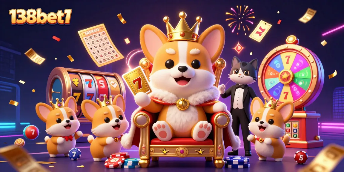 Experience thrilling gaming with 138bet1's luxurious corgi mascot and vibrant casino elements.