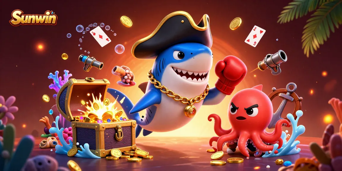 Engage in thrilling games at Sunwin with a vibrant underwater casino scene featuring a cartoon pirate shark, pufferfish, and octopus.