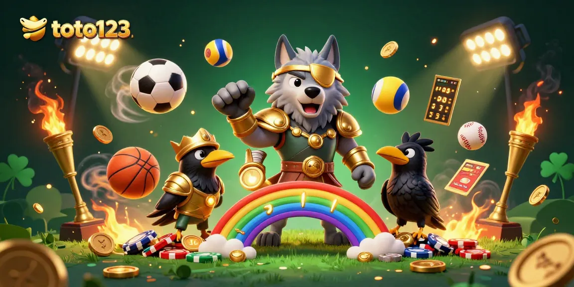 Toto123 offers thrilling lottery gaming with a vibrant Odin and sports elements on a casino chip bridge.