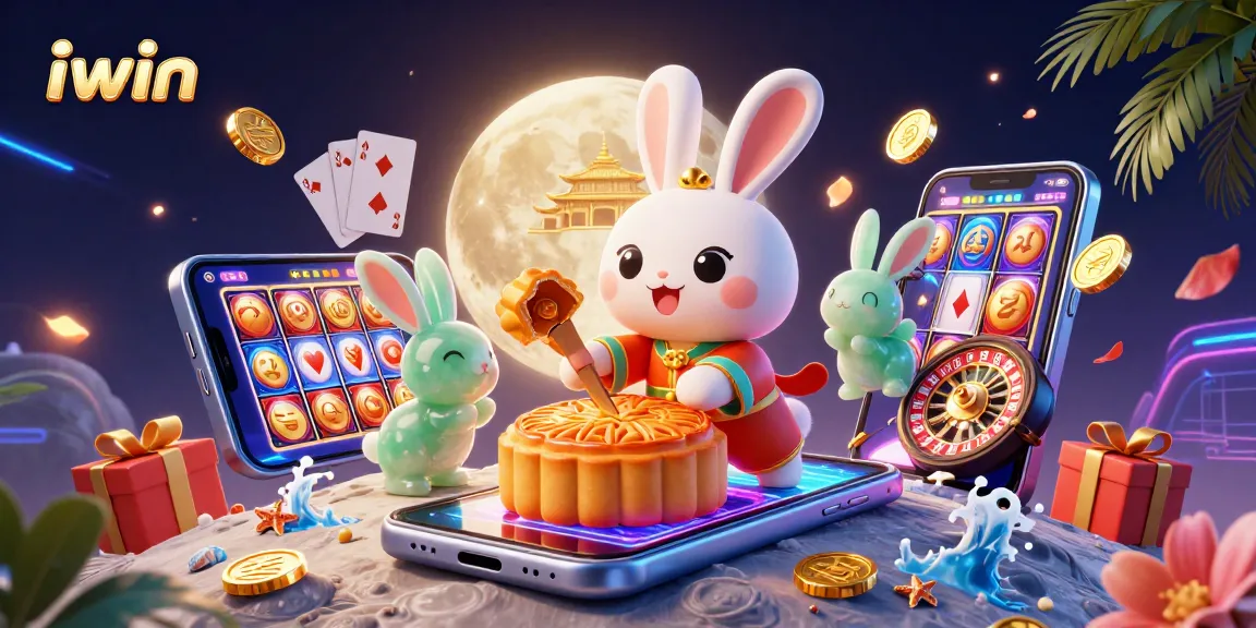 Win big with iwin while exploring a vibrant casino scene with unique rabbit characters and game elements.