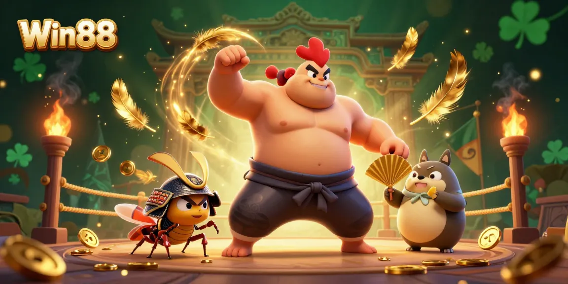 Experience thrilling wins at Win88 with an epic 3D gaming showdown featuring a powerful sumo rooster and samurai cricket.