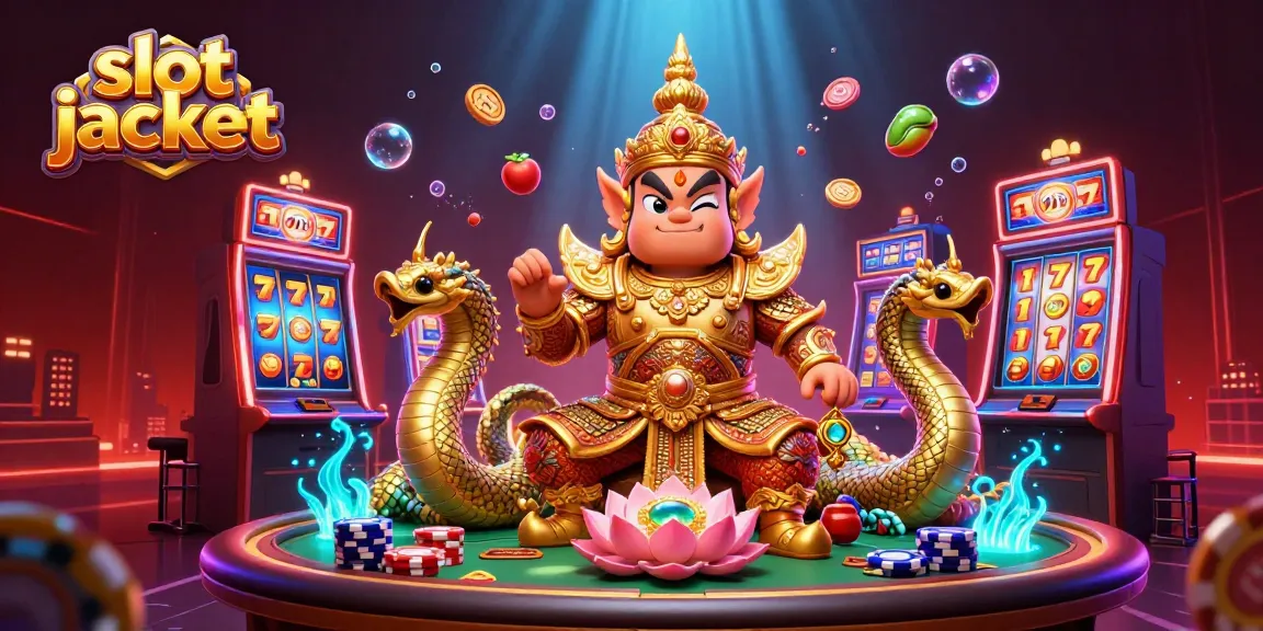 Slot jackpot pada ilustrasi yang menampilkan karakter penjaga kuil, naga, dan elemen permainan slot berwarna-warni.