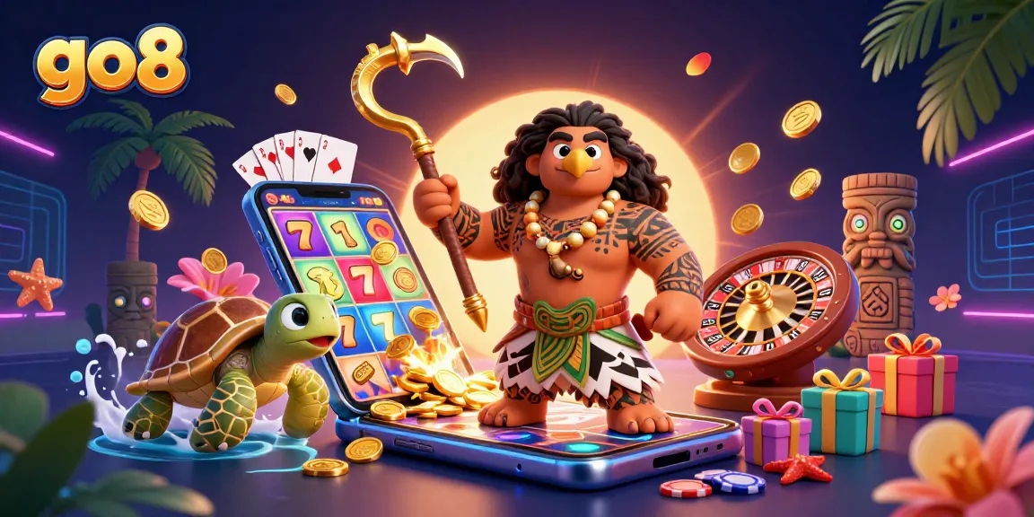 Spin to win at go8 with a captivating casino scene featuring vibrant slot games and characters.