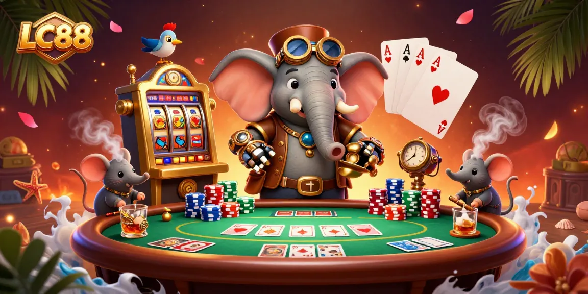 Engage in thrilling slot action at LC88, featuring a steampunk elephant engineer with rich casino elements.