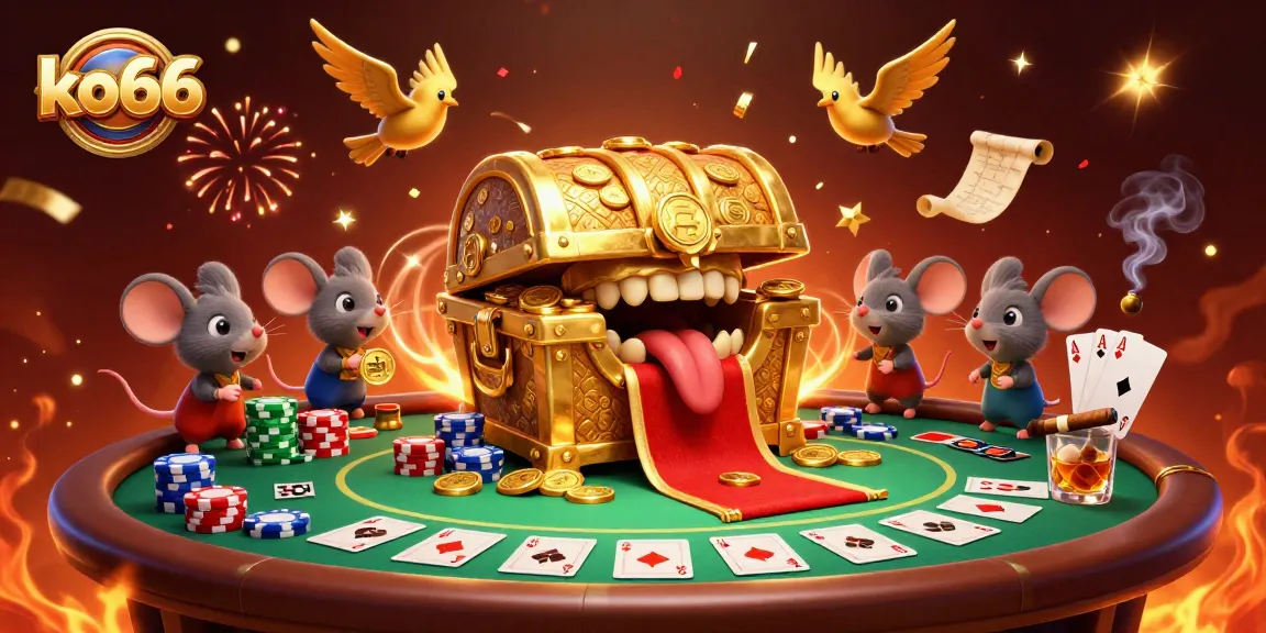 Engage with ko66's rich gaming environment featuring vibrant characters, poker elements, and dynamic casino atmosphere.