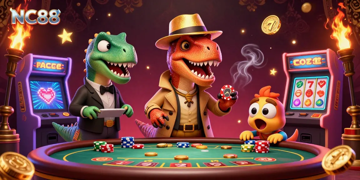 NC88 brings excitement to gambling with a velociraptor card counter in a casino scene.