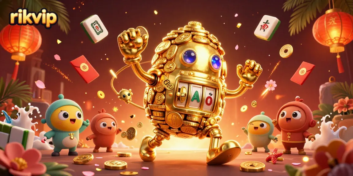 Experience thrilling gaming with rikvip's stunning 3D casino illustration featuring vibrant golden golem and dynamic elements.