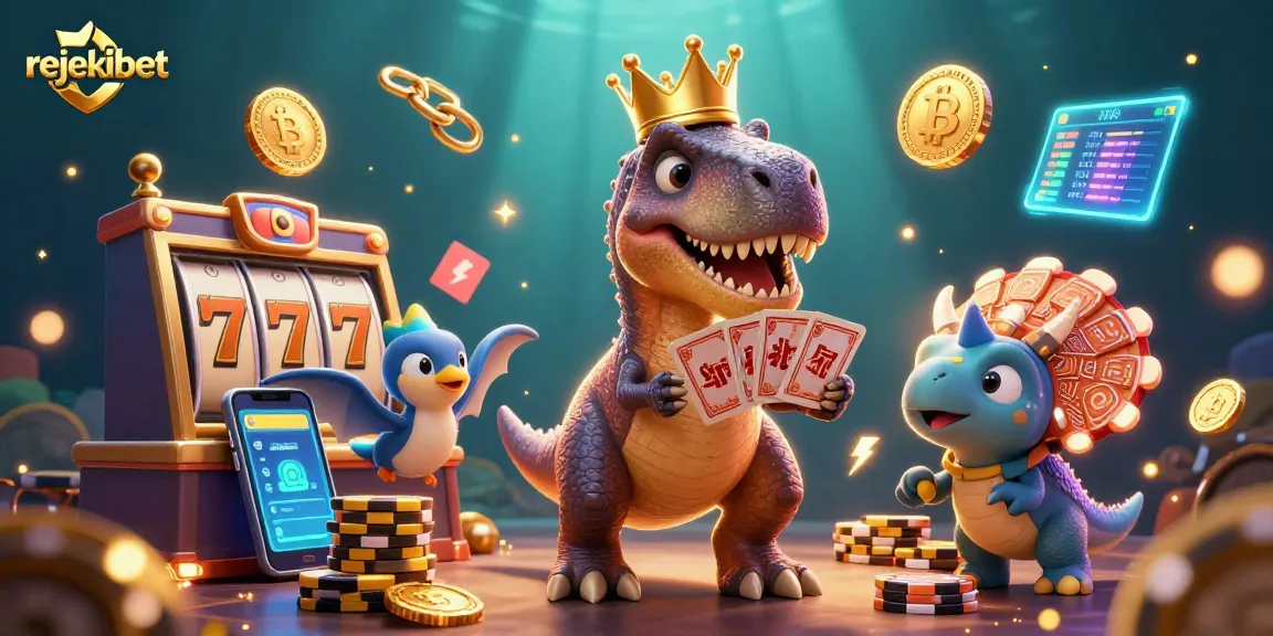 Engage with rejekibet's exciting slot games in a vibrant 3D illustration featuring dynamic characters and crypto elements.