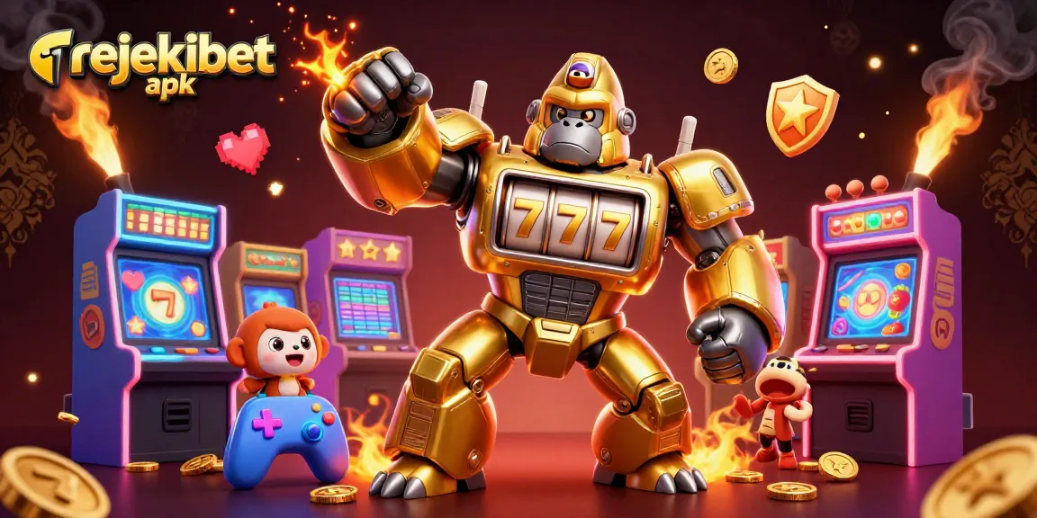 Win big with the exciting rejekibet apk featuring a dynamic golden gorilla mech and casino elements.