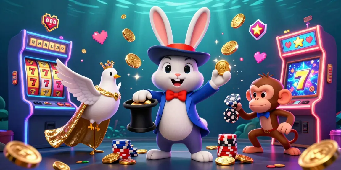 UU666 magician rabbit brings luck with golden coins and slot games in vibrant casino scene.