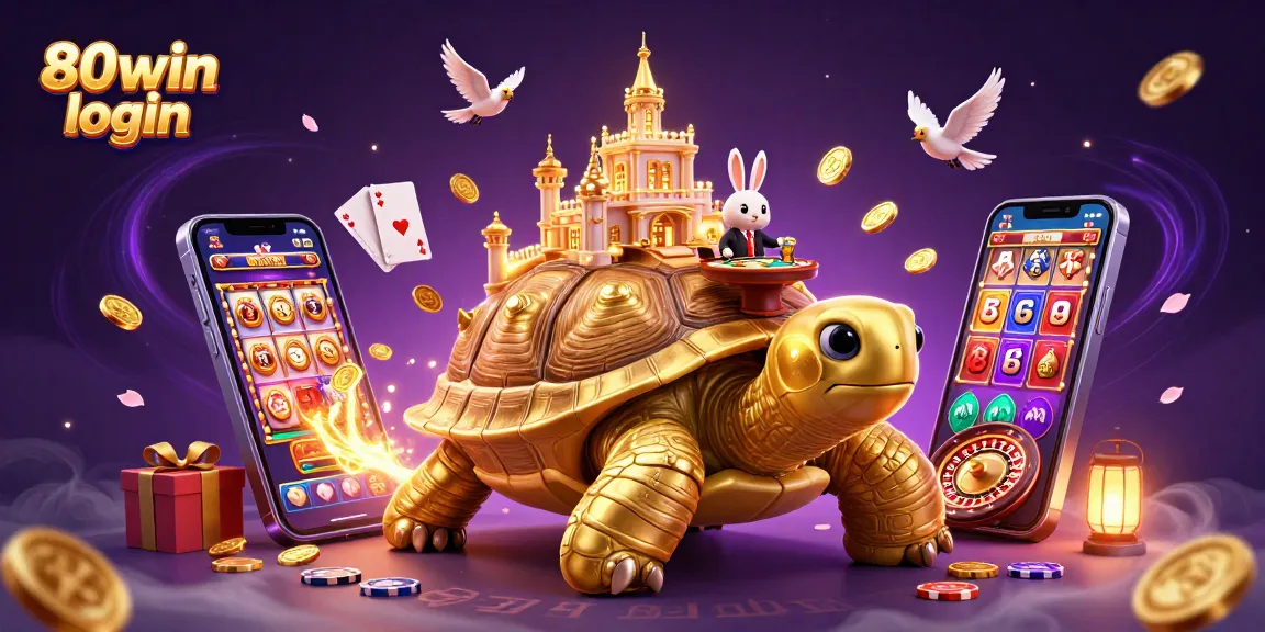 Experience the excitement of 80win login with a whimsical 3D casino scene featuring a golden tortoise and vibrant game elements.