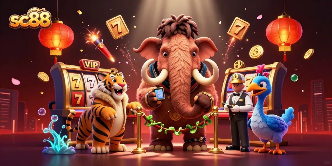 Experience the excitement of sc88 with dynamic casino characters, slot reels, and festive elements.