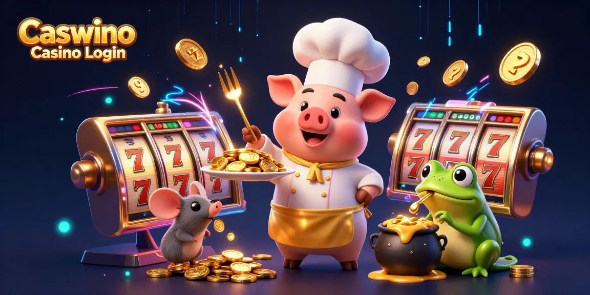 Experience the excitement with Caswino Casino Login, featuring a chef pig and gold coins in a vibrant gaming scene.