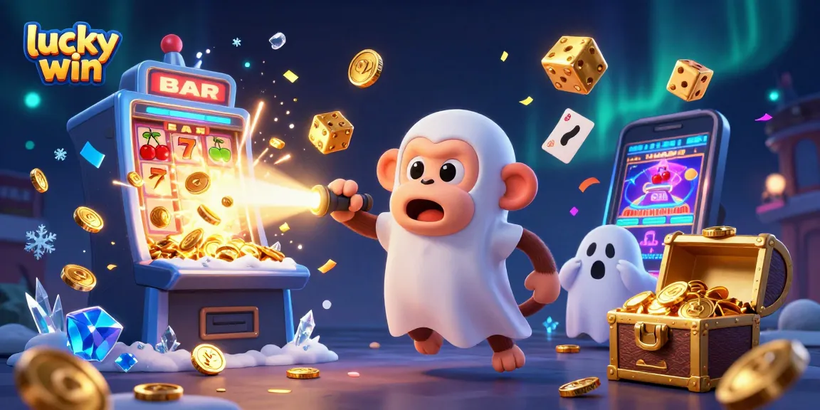 Engage with lucky win themed casino excitement, featuring a playful monkey and a curious puppy.