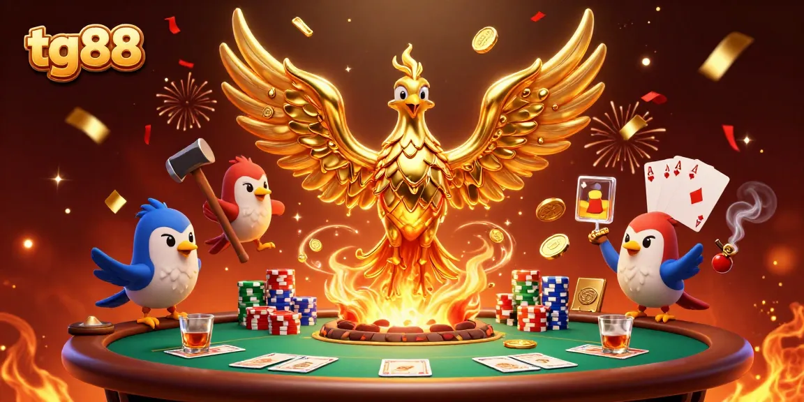 Experience the thrilling action of tg88 in this ultra-detailed casino scene with golden phoenix and poker elements.