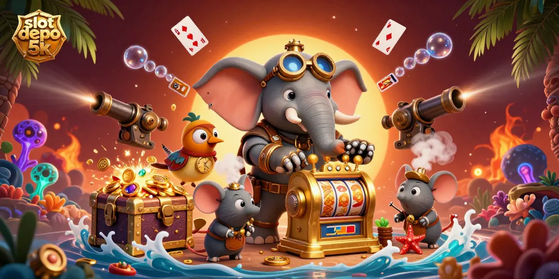 Experience the thrill of slot depo 5k as the steampunk elephant spins a golden slot machine amid gold coins and glowing gems.