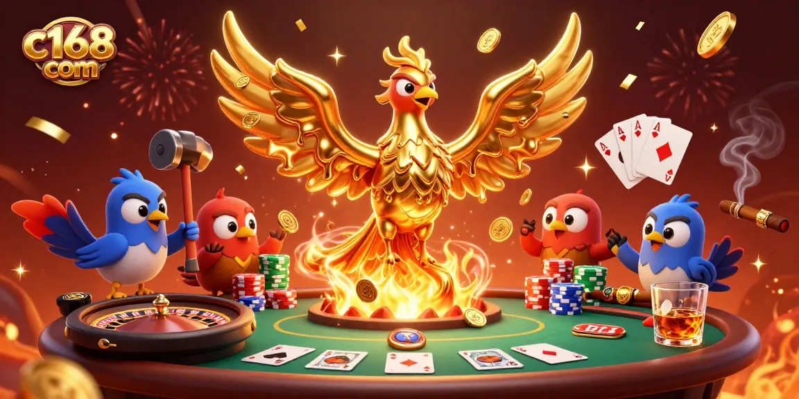 Win big with c168 com at this bustling casino scene featuring a fiery golden phoenix.