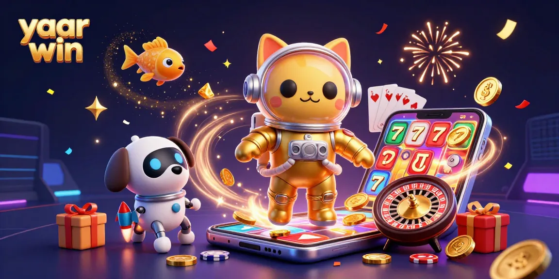 Spin colorful slot reels and enjoy golden luck with yaar win in this vibrant casino scene.