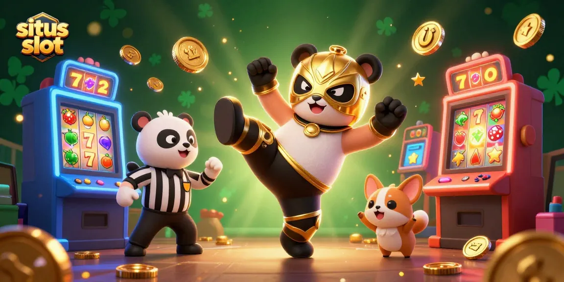Experience the excitement of situs slot with vibrant 3D illustrations of a wrestling panda and casino elements.