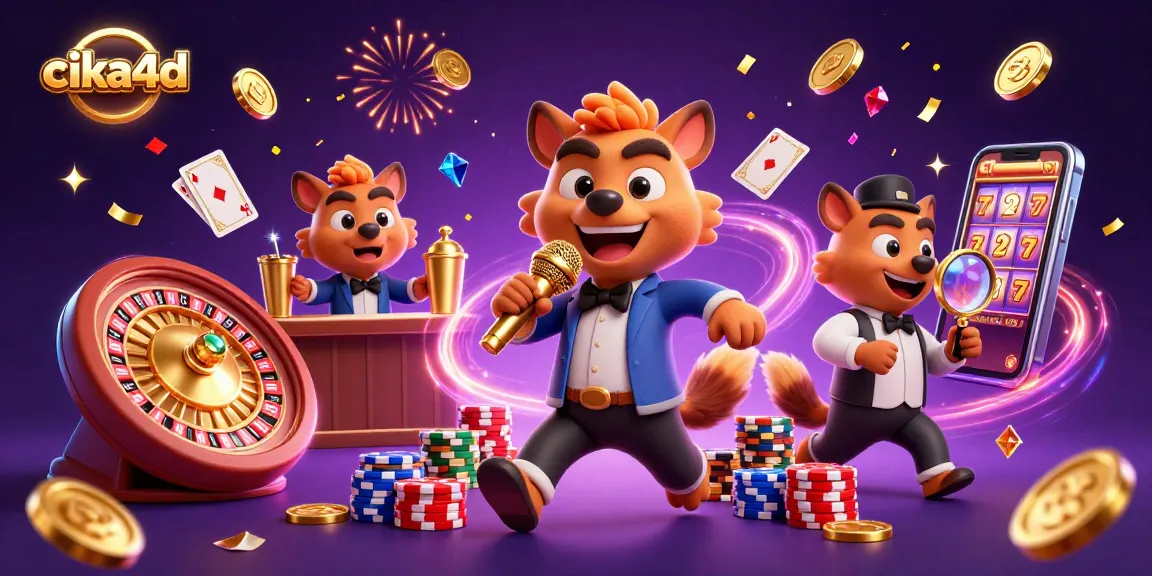 Cika4d captures a lively casino scene with jubilant hyenas amidst sparkling slot machines.