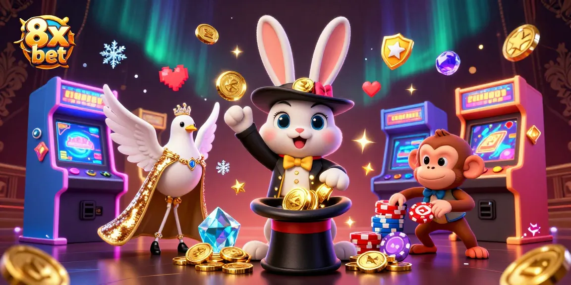 Experience exciting wins at 8x bet with magical scenes featuring a rabbit, dove, and monkey playing casino games.