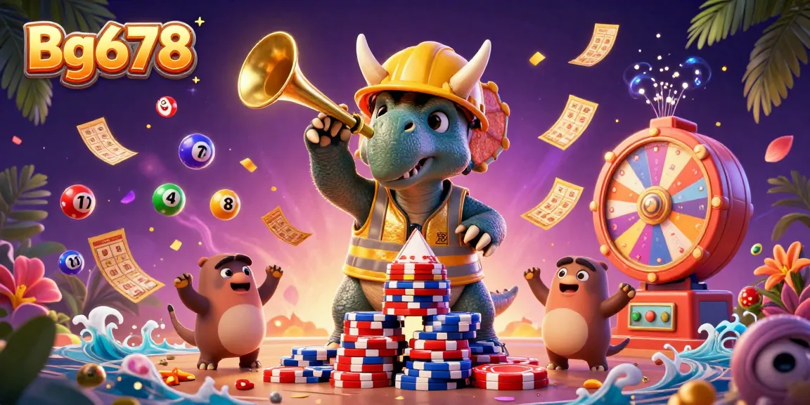 Engage in thrilling gaming experiences with Bg678 as triceratops builds poker chip pyramid.