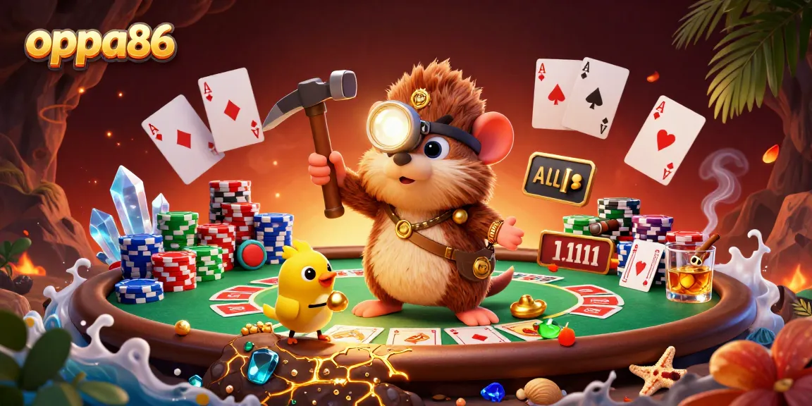 Join oppa86 in a high-stakes poker scene featuring vibrant elements and rich details.