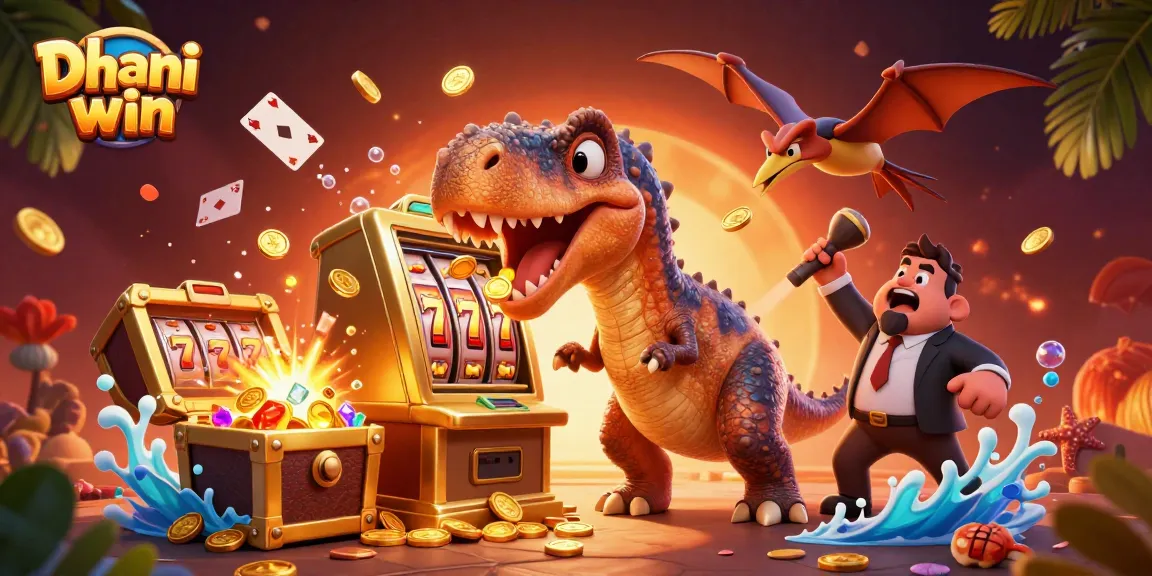 Dhani win showcases a playful scene with a dinosaur triggering a jackpot on a slot machine, enriched with vibrant casino elements.