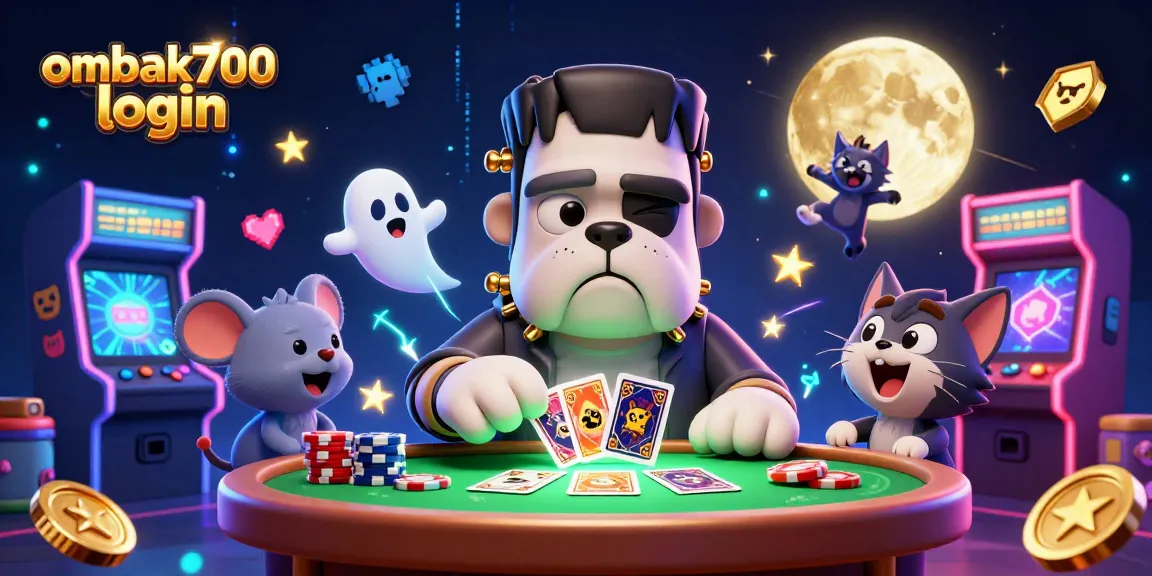 Permainan seru di ombak700 login dengan Frankenstein bulldog dan kucing werewolf yang menampilkan kartu di meja hijau.