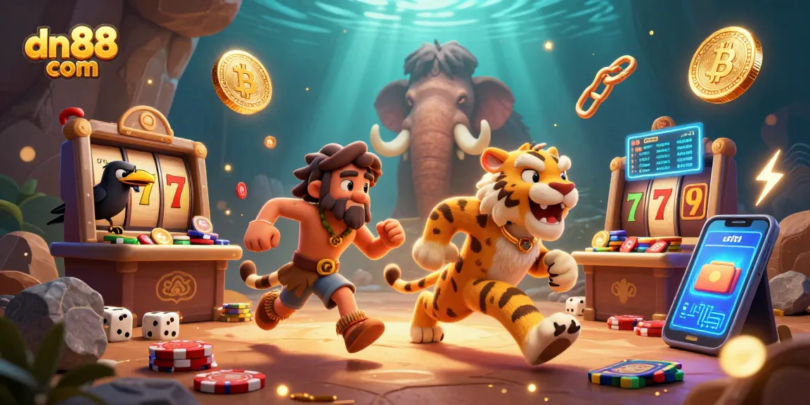 Spin the jackpot reels at dn88 com with caveman and tiger duo in a vibrant casino scene.