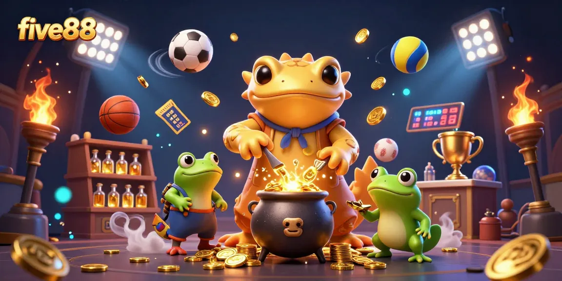 Experience five88 excitement with a golden salamander alchemist and sports elements in a magical scene.