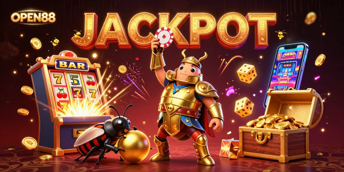 OPEN88's exciting winning scene featuring a gladiator beetle and a jackpot explosion of gaming elements