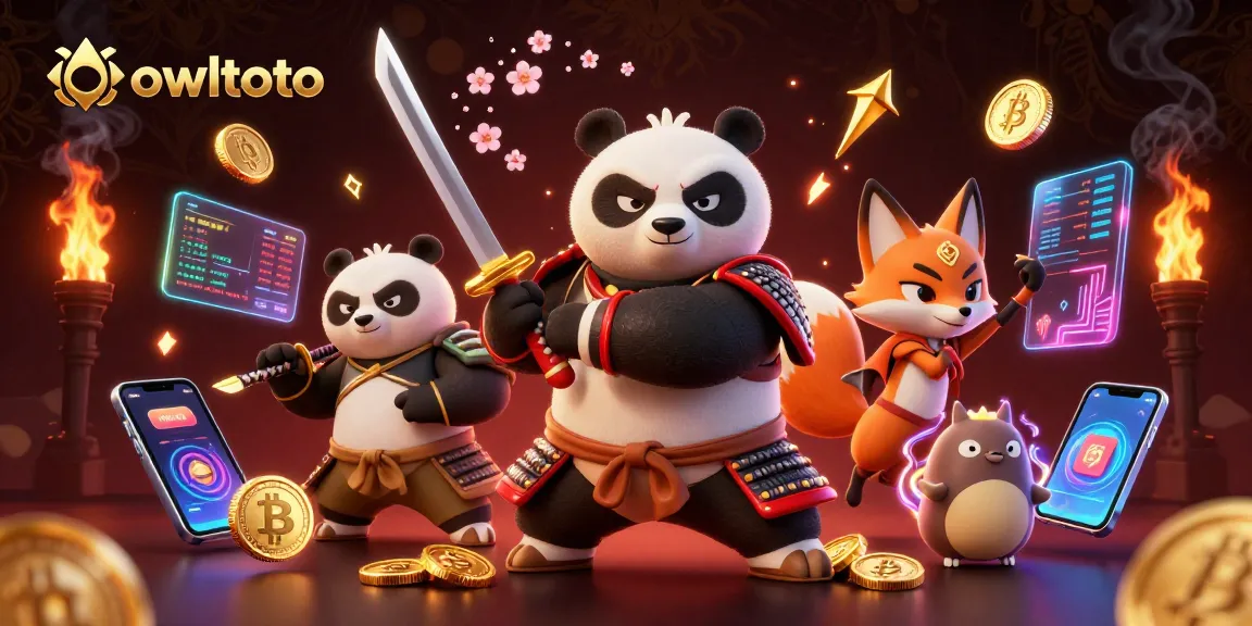 Experience thrilling gameplay with owltoto, showcasing samurai panda and ninja fox in an action-packed digital casino scene.