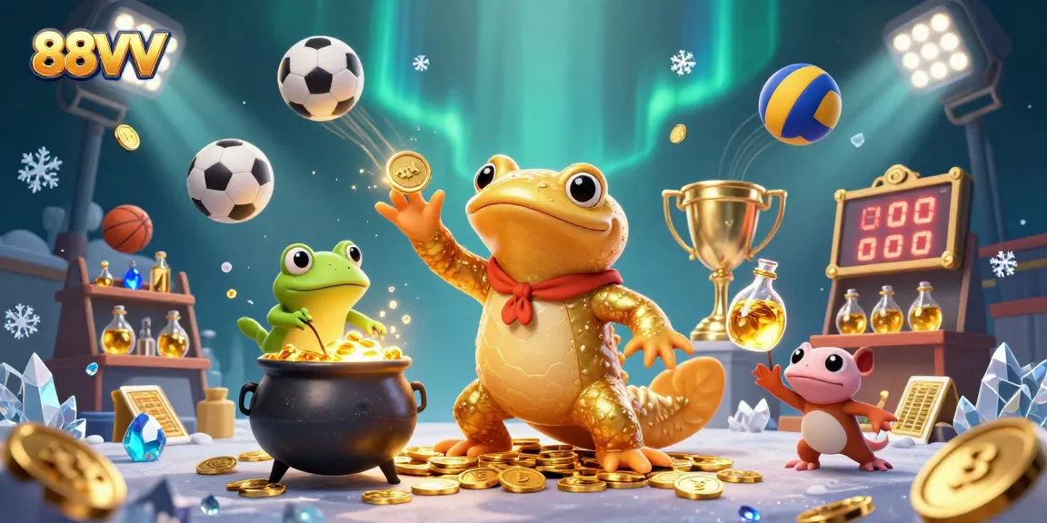 88VV casino illustration featuring a golden salamander alchemist and thrilling sports elements.
