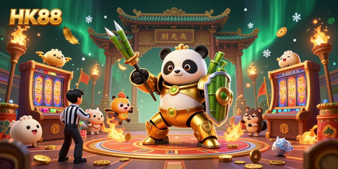 Engage with HK88's vibrant casino scene featuring mech-suit panda and thrilling slot battles.