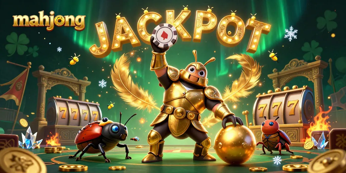 Engage in thrilling mahjong gameplay with a victorious beetle and vibrant casino atmosphere.