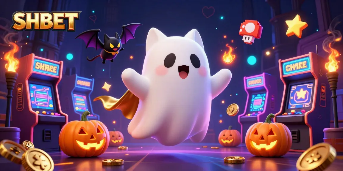 Engage in thrilling gameplay at SHBET with a friendly ghost cat and vampire bat in a haunted casino.