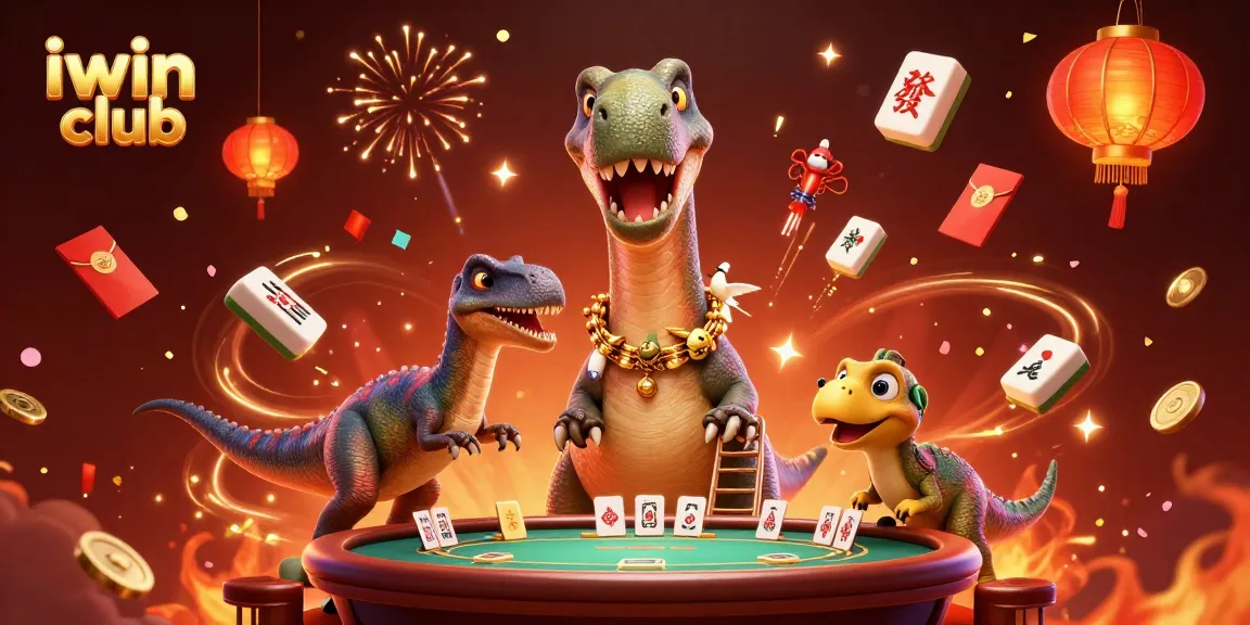 Engage with the excitement of iwin club, featuring a whimsical scene of a brontosaurus and raptor in a lively casino atmosphere.