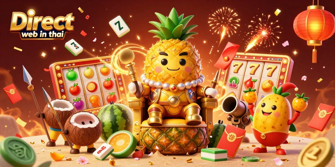 Play slots with the golden pineapple king and characters in a vibrant beach casino while exploring Direct web in thai.