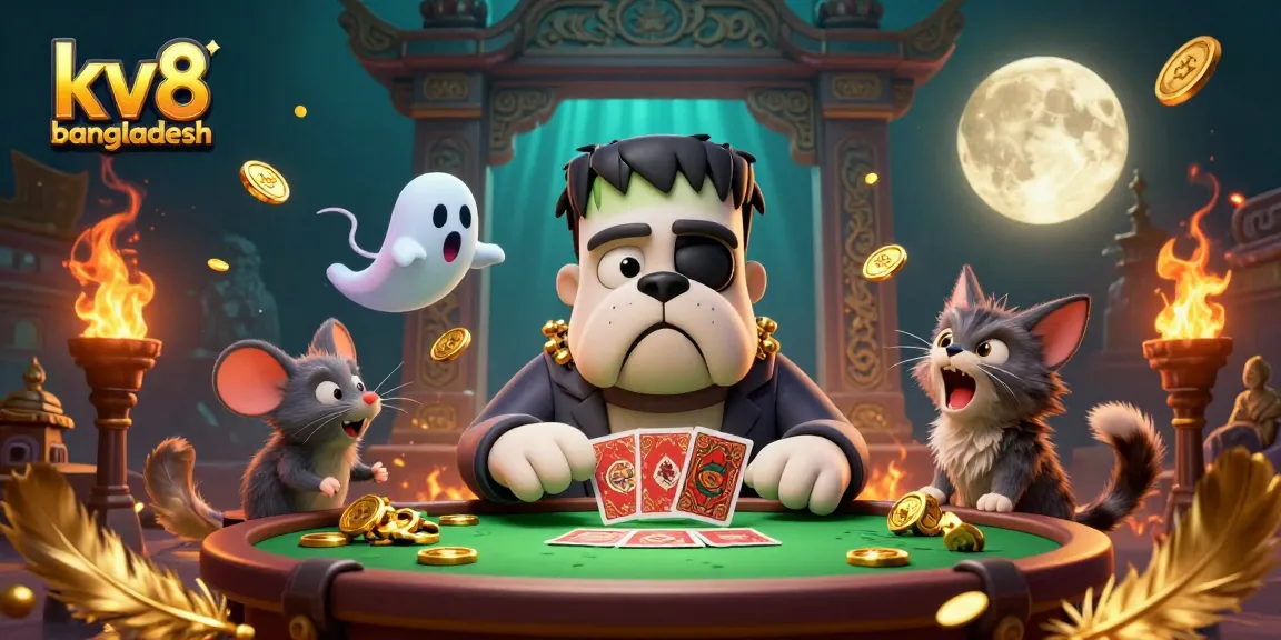 Experience thrilling gaming at kv8 bangladesh with a vibrant casino scene featuring unique characters playing cards and floating chips.