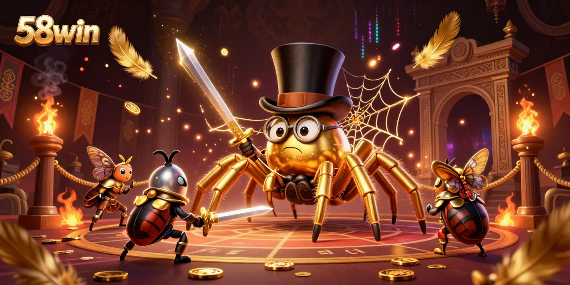 Experience thrilling moments at 58win with golden tarantula and beetle knight in a vibrant casino scene.