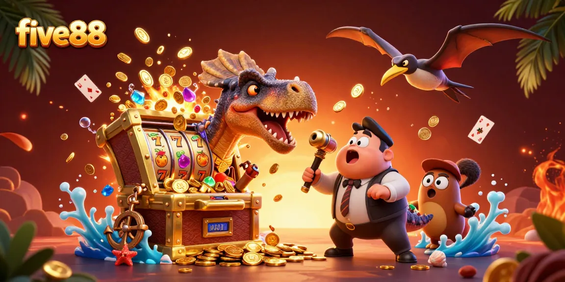 Experience the excitement of five88 with a 3D casino scene showcasing thrilling jackpot wins and dynamic character interaction.